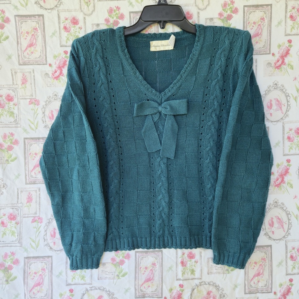 Vintage Marisa Christina Teal Knit Cotton Blend Sweater V-Neck Bow Pullover M